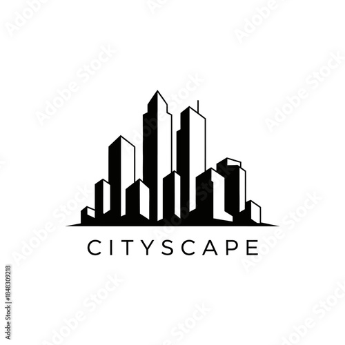 Minimalist black silhouette of a modern city skyline with tall buildings.
