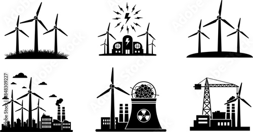 Black and white silhouette vector set of wind turbines and power plants, depicting renewable energy, sustainable power generation, eco-friendly technology, and environmental electricity solutions.