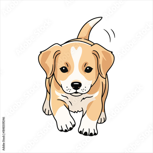 Adorable puppy running towards the viewer with wagging tail and floppy ears in a simple illustration