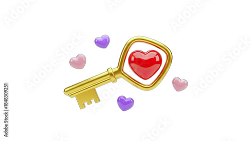 Golden Key with Heart Opening Love Concept