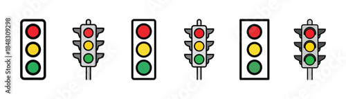 Traffic lights in various states of illumination displayed on a white background