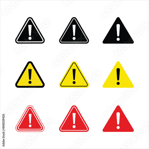 Collection of warning signs with exclamation marks in various colors and styles displayed together
