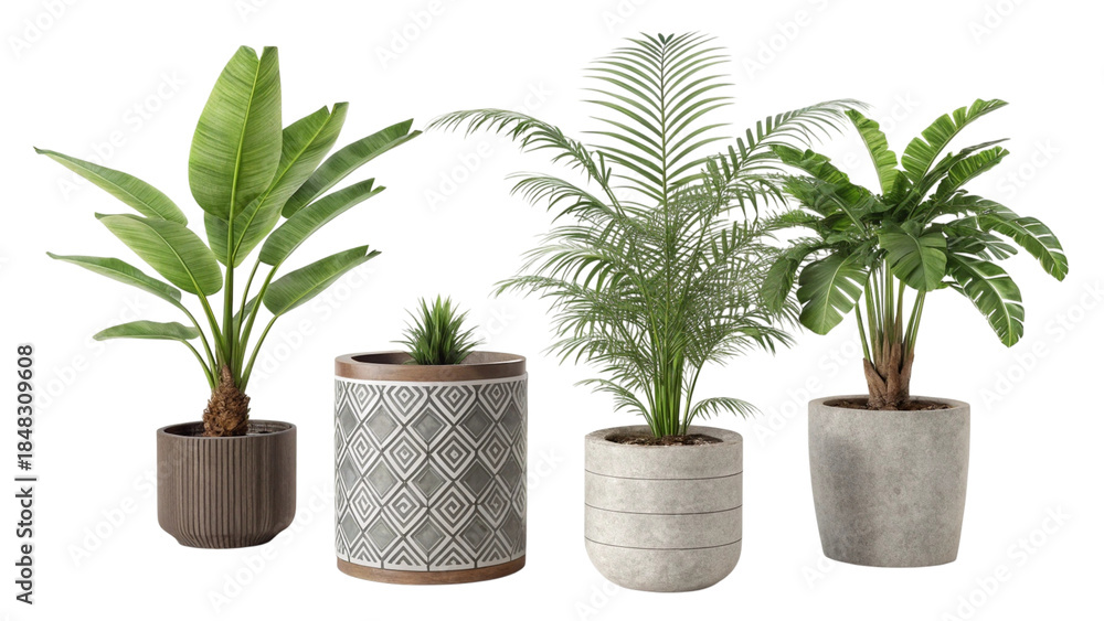 Obraz premium Four Green Potted Plants in Different Containers on Wooden Floor