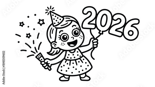 New Year Celebration: A cheerful girl ushers in the year 2026, holding a celebratory balloon and a sparkling firecracker, her eyes wide with joy. 