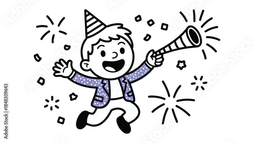Celebration with Joyful spirit: A joyful cartoon figure is joyfully celebrating with a party horn, surrounded by bursts of celebratory confetti, conveying the essence of happiness and exuberance.