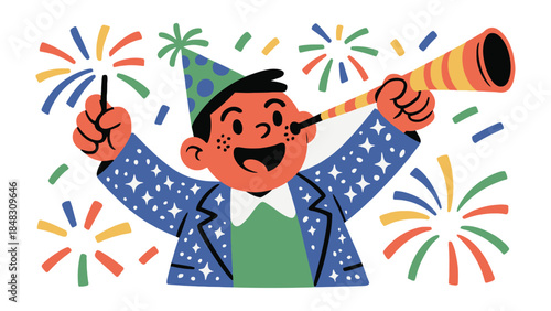 Festive Celebration: A joyful individual with vibrant fireworks and party horn, radiating joy and festive spirit. 