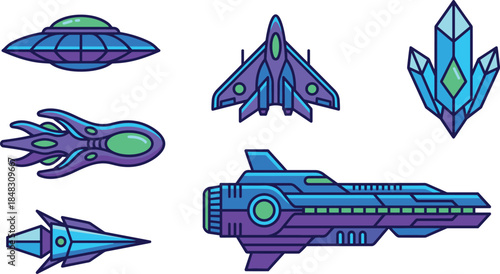 Neon futuristic spaceship and UFO illustration set with sci fi rockets, alien spacecraft and crystal elements in bold flat vector style