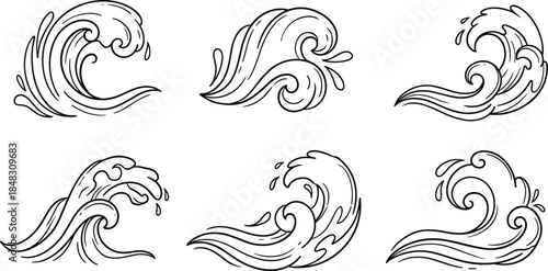 Hand drawn ocean wave illustration set with flowing water splashes, dynamic curls and decorative sea elements in clean black line art