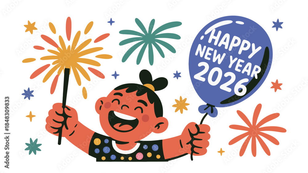 Fototapeta premium A Happy New Year 2026: An illustration of a cheerful child celebrating New Year 2026 with a firework and a balloon. A vibrant scene celebrating a new beginning and excitement of coming year.