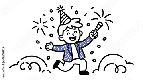 Festive Revelry: A joyful animated figure celebrates with a party hat and a sparkler amid whimsical flourishes, creating a lively festive atmosphere.