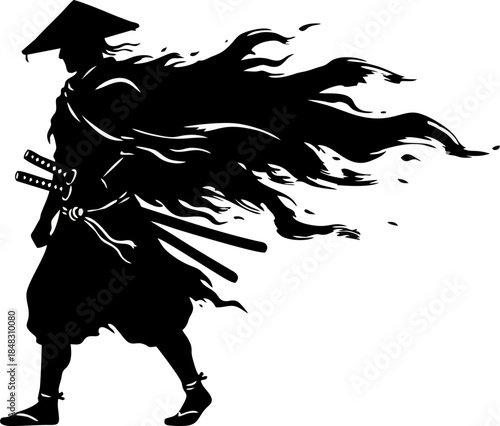 Wandering Ronin Silhouette Ink Brush Art. Mysterious Japanese Samurai with Straw Hat Vector Illustration