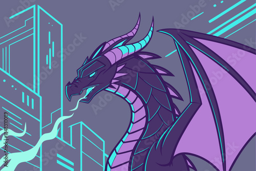 Mysterious Cyber Dragon Looming Over a Stylized Cityscape at Night