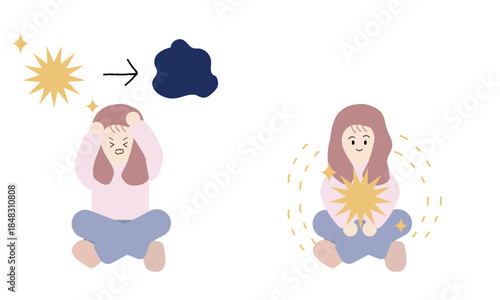 輝きが消えるのが怖い女性と内側の輝きを知る女性のイラスト