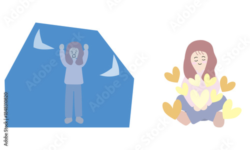 冷たい世界で生きる女性と温かい世界で生きる女性のイラスト