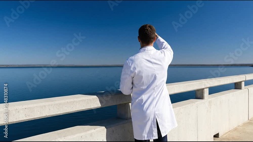 Environmental scientist inspecting water sample bottle at reservoir dam, water quality and purity testing concept.