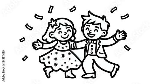 Joyful Dance: An adorable illustration captures the pure joy of a boy and girl dancing. Expressing the joy of children's play and the beauty of life.