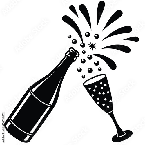 Stylized silhouette of a champagne bottle and splashing bubbles, festive celebration, abstract, vector