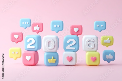 Year 2026 social media notification icon. New year and holiday concept. Minimalist 3D render for digital marketing, design illustration.