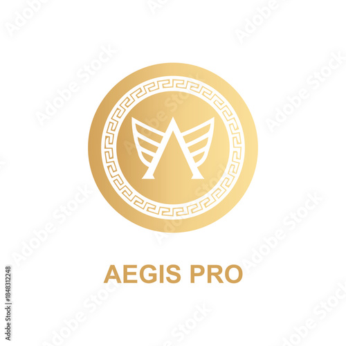 Luxury gold shield logo with Greek meander pattern and winged letter A. Elegant emblem for security, legal, finance, and premium real estate branding identity