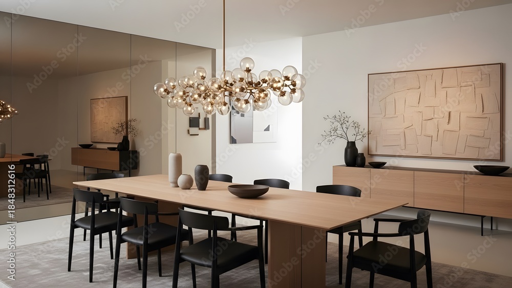 Fototapeta premium Modern Dining Room Interior with Stylish Chandelier and Artwork.