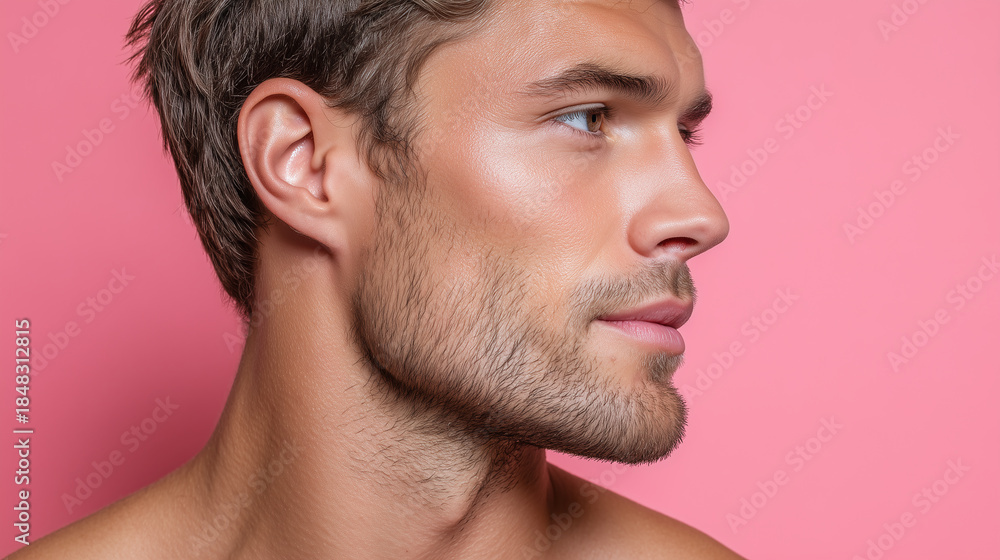 Fototapeta premium Portrait of handsome male model with healthy glowing skin, sharp jawline, and natural stubble, looking confident against pink background