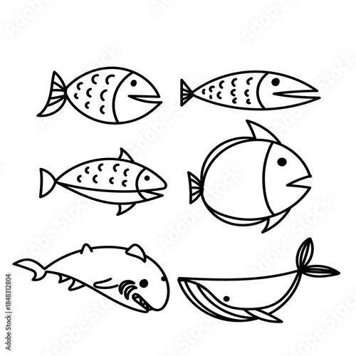hand drawn doodle fish set collection