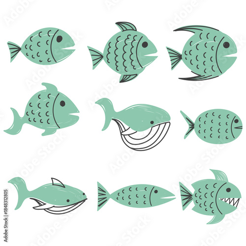 hand drawn doodle fish set collection