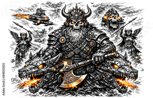 Vintage Viking Warrior Engraving Vector, Inverted Black White Xerography on Transparent Background