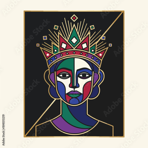 Abstract portrait of a queen with a colorful crown and geometric design.