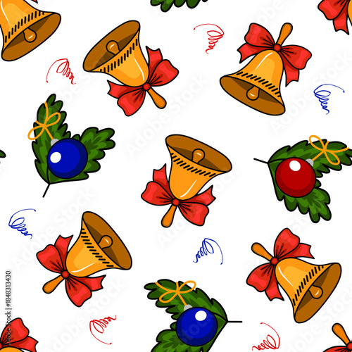 A seamless pattern with bells and decorated Christmas fir branches. Suitable for decorating fabric, wrapping paper, wallpaper, and more.
