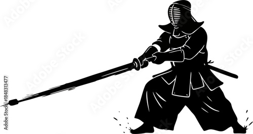 Kendo Fighter Silhouette Ink Brush Vector. Japanese Martial Arts Athlete Striking for Sport Design