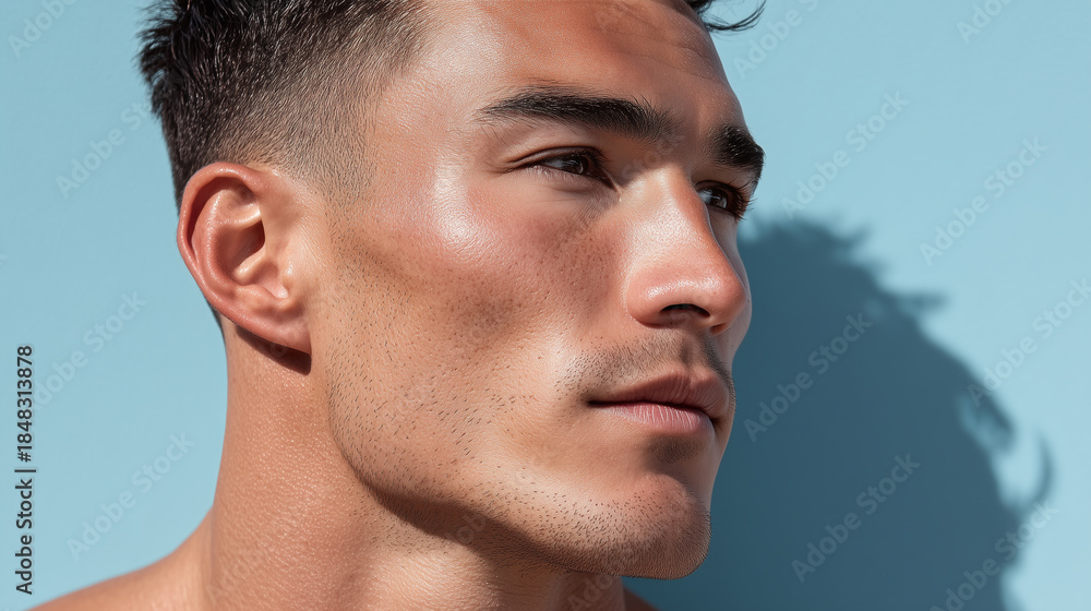 Obraz premium Sun kissed warmth defining male facial planes, close up portrait of young man with smooth skin, pastel baby blue background, natural light, confident expression