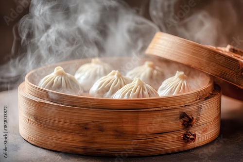 Steaming hot dim sum bao served in traditional bamboo steamer basket, a delicious asian food for culinary blog, restaurant menu, or cookbook