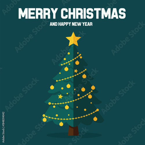 Merry Christmas and Happy New Year elegant card with a flat style Christmas tree and golden lights