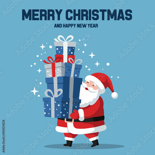 Merry Christmas and Happy New Year vector with Santa Claus carrying a huge stack of presents