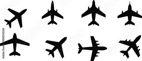 Airplane Silhouette Icons Set. Aircraft Top View Vector Collection