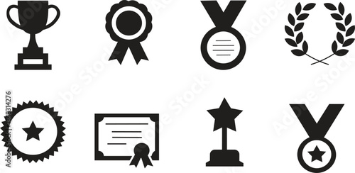 Awards and Achievement Icons Set. Trophy, Medal, Certificate and Laurel Wreath Vector Collection