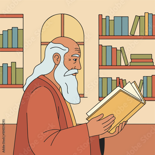 An elderly scholar engrossed in reading a book in a library.