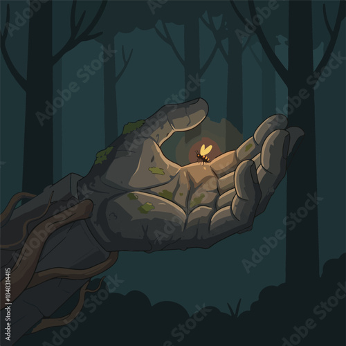 Ancient Stone Hand Gently Holding Glowing Butterfly.