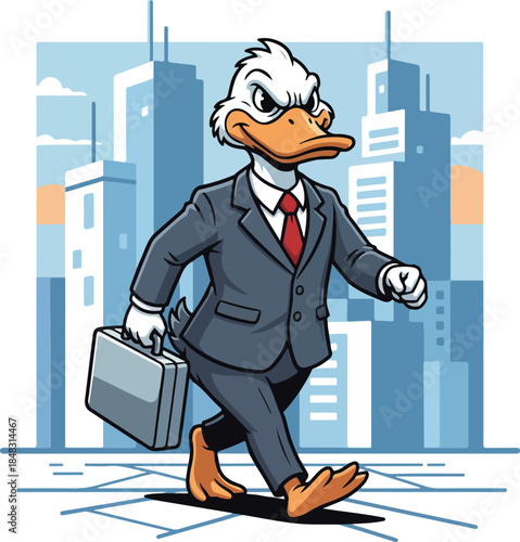 Angry Cartoon Duck Businessman Walking with Briefcase.