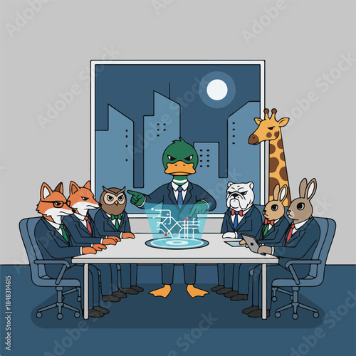 Anthropomorphic Animals in Suits Holding Business Meeting.