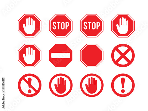 Stop sign vector set with various no entry and warning symbols