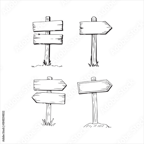 Wooden signposts with blank signs for directions in sketch style
