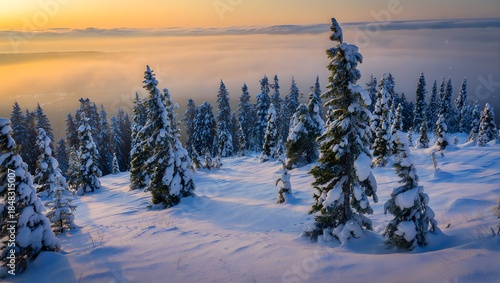 Winter sunset over snowy forest