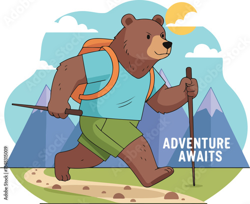 Bear Hiking Adventure A Cartoon Illustration of a Bear on a Trail.