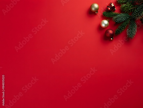 Holiday ornament and pine branch on red background