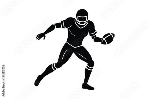 Silhouette of american football player running with ball in hand on white background