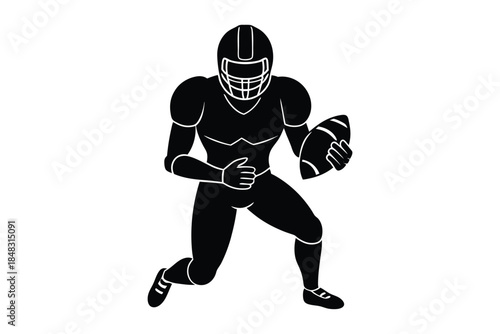 Silhouette of american football player running with ball in hand on white background