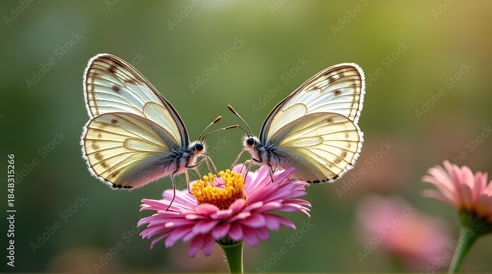 Fototapeta premium two white butterflies perched on a blooming flower