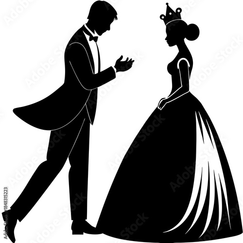 Fairy tale couple silhouette man proposing to woman in ball gown and crown